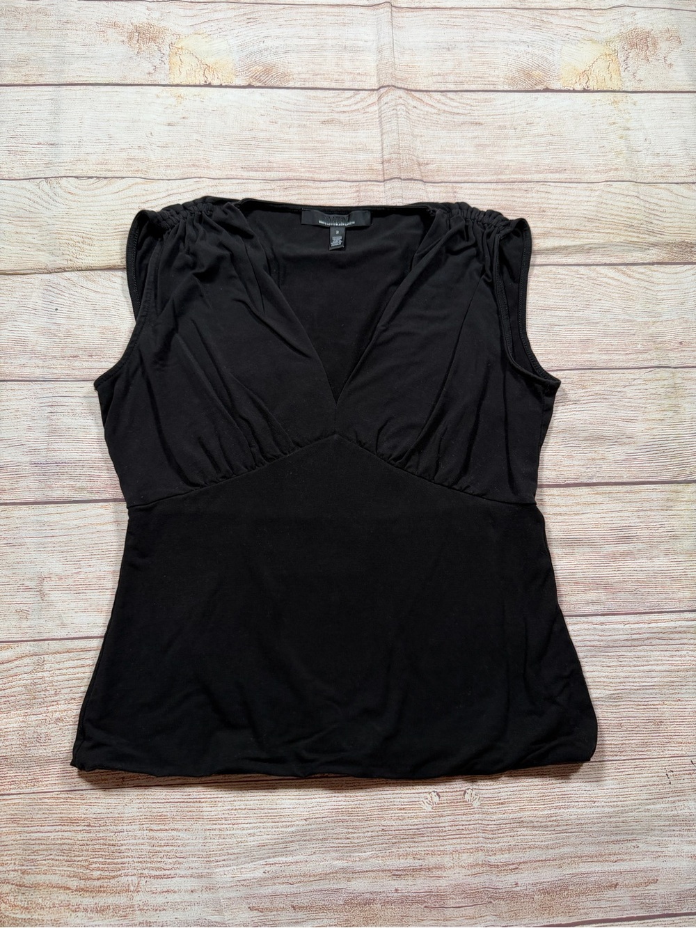 White House Black Market Black V-Neck Babydoll Gathered Cap Sleeve Top
